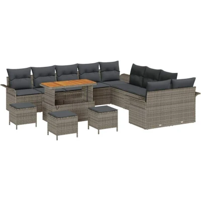 Image of vidaXL 14 Piece Garden Sofa Set with Cushions Grey Poly Rattan Acacia