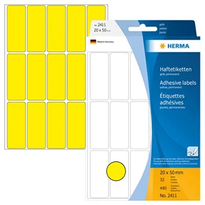 Image of HERMA Multi Purpose Labels, 15 Labels per Sheet, 32 Sheets, 20 x 50 mm, 480 Self Adhesive Small Stickers, Blank Sticky for Office Kitchen Home, Yellow