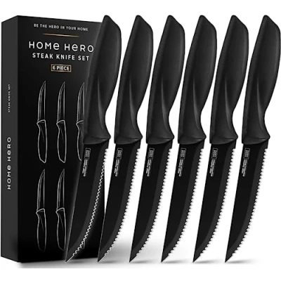 Image of Home Hero Steak Knives, Sharp Knives Set, High Carbon Stainless Steel Knife Ergonomic Handles Serrated (6 Pcs Black)