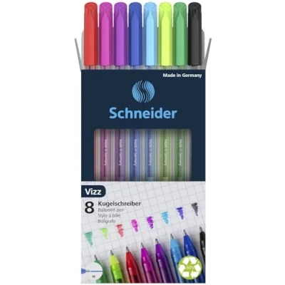Image of Schneider 102298 Vizz Ballpoint Pen (For Easy and Fast Writing, Ink Colour Barrel, Line Width, Medium), Pack of 8, Assorted