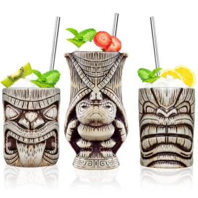 Image of Ceramic Tiki Glasses Cocktail Mugs Set of 3 Exotic Cup Professional Bar Decorations for Hawaiian Party Barware (3PCS)