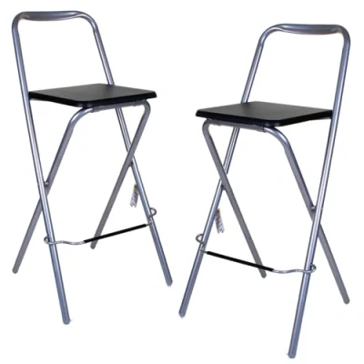 Image of Marko Furniture Set of 2 Black Folding Wooden Bar Stool Chair Breakfast Kitchen Seating Silver Frame Seat Home