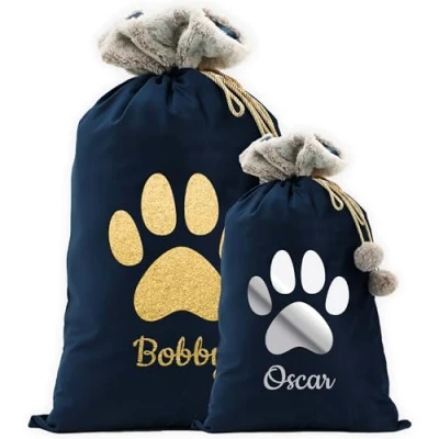 Image of Personalised Velvet Santa Stocking Sack with Luxury Fur Trim Large Christmas Gift Bag for Dog and Cats, Ideal Holiday Decor Gifts