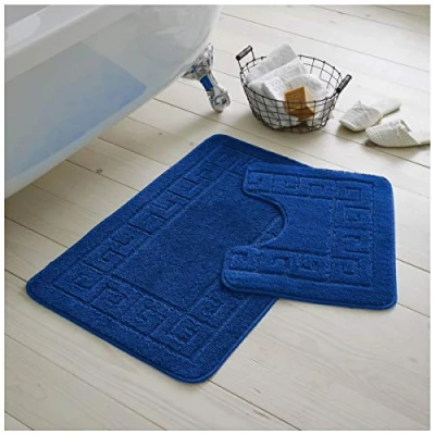 Image of GC GAVENO CAVAILIA Greek Key Pattern Bath Mats 2 Piece Sets Non Slip, Soft Washable Rug Quick Dry Water Absorbent Bathroom Shower Mat &amp; Pedestal Set, Royal Blue
