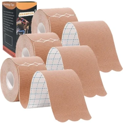 Image of ANAMPION Kinesiology Tape Precut,Waterproof Sports for Athletes Physio Elastic Pain Relief Adhesive Muscles Shin Splints Ankle Knee &amp; Shoulder (Flesh Color, 3 Rolls)