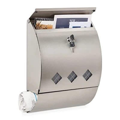 Image of Relaxdays Mailbox Stainless Steel, Letter Box with Newspaper Compartment &amp; Viewing Window, 40x30x12.5 cm, 2 Keys, Silver