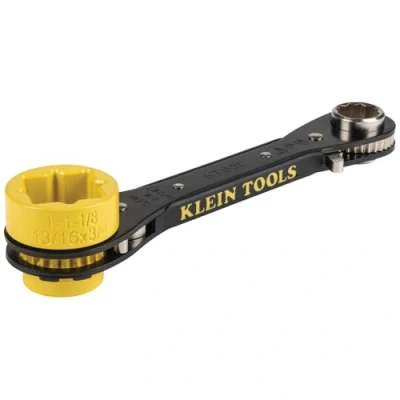 Image of Klein Tools KT155T 6 in 1 Lineman&#039;s Ratcheting Wrench with Bolt Through Design and Bright Yellow Socket