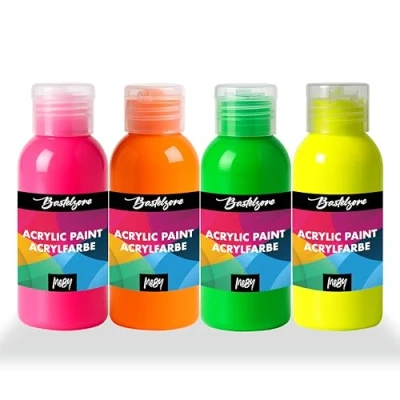 Image of Bastelzone Neon Acrylic Paint Set 4 Colours 100ml Each for Kids and Adults Suitable Paper, Canvas, Wood, Stone, Fabric, Metal, Etc. x (Neon Fluorescent)