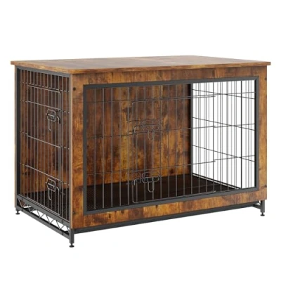 Image of VEVOR Dog Crate Furniture, 38 inch Wooden with Double Doors, Heavy Duty Cage End Table Multi Purpose Removable Tray, Modern Kennel Indoor for Dogs up to 70lb, Rustic Brown