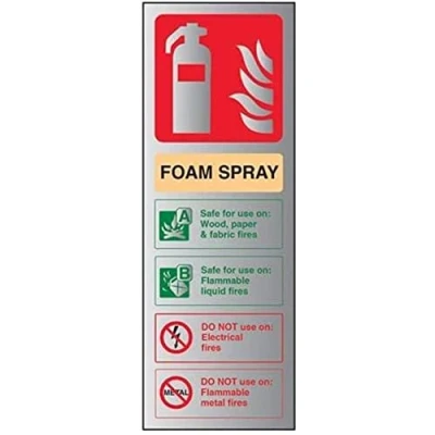 Image of V Safety Fire Extinguisher Foam Spray ID Not Electrical Safe Sign 75mm x 200mm 3mm Brushed Alu Comp