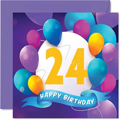 Image of 24th Birthday Card for Men Women Balloon Party Happy Cards 24 Year Old Man Woman Brother Sister Son Daughter Grandson Granddaughter Cousin, 145mm x Bday Greeting Gift