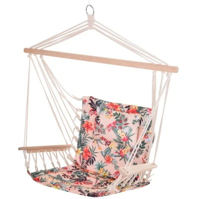Image of Outsunny Garden Outdoor Hanging Hammock Chair Thick Rope Frame Wooden Arms Safe Wide Seat Spot Stylish Multicoloured floral