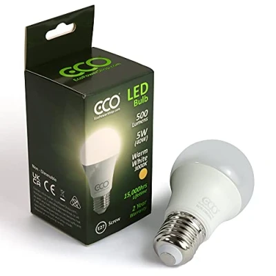 Image of ECO 40W E27 Edison Screw Energy Saving LED Light Bulb, Low 5W LED, 500 Lumens, Warm White 3000K, 15,000Hrs Lifetime. 1x Pack.