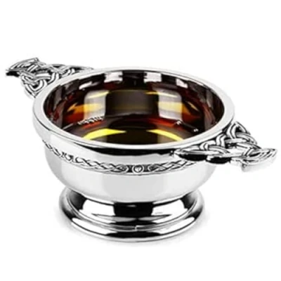 Image of Chrome Plated Quaich Bowl Scottish Cup, Gaelic Quaich, Highland Drinking Cup