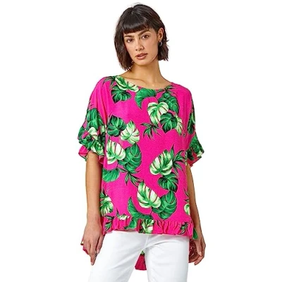 Image of Roman Originals Palm Print Frill Detail Oversized Top for Women UK Ladies Everyday Holiday Spring Summer Round Neckline Comfy Soft Evening Vacation Work Party Pink Size 10
