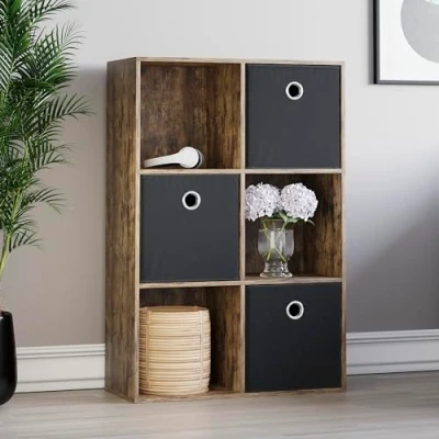Image of Vida Designs Durham Cube Bookcase Storage Organiser Living Room Bookshelf Home Office Furniture (6 &amp; 3 Black Baskets, Dark Wood)