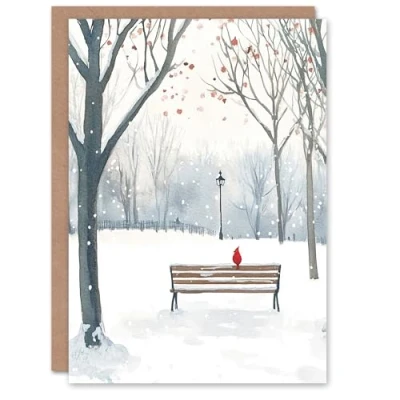 Image of Artery8 Park Winter Snow Scene Cardinal Bird Blank For Him Or Her Art Xmas Festive Christmas Card
