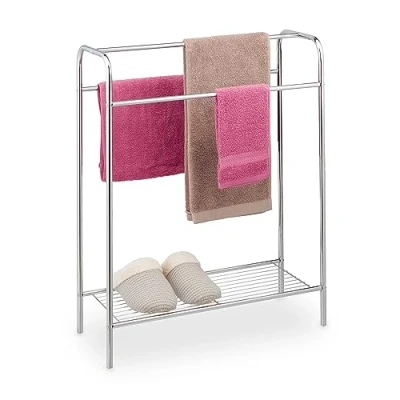 Image of Relaxdays Towel Rack, 3 Bars, with Shelf, Free Standing, Steel, HWD: 78 x 63 26.5 cm, Bathroom and Shower, Silver, Plastic