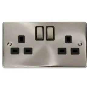 Image of Click Deco VPSC536BK Satin Chrome 2 Gang Switched Socket Black Insert …
