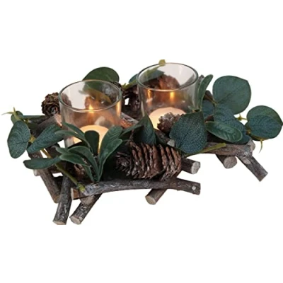 Image of SiL Interiors Christmas Table Centrepiece Double Tealight Candle Holder Alpine Sage Leaf