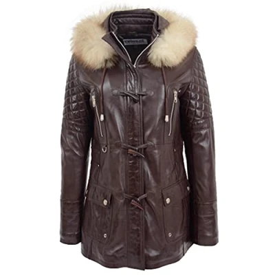 Image of Womens Real Leather Duffle Coat Detachable Hoodie Parka Ariel (12, Brown)