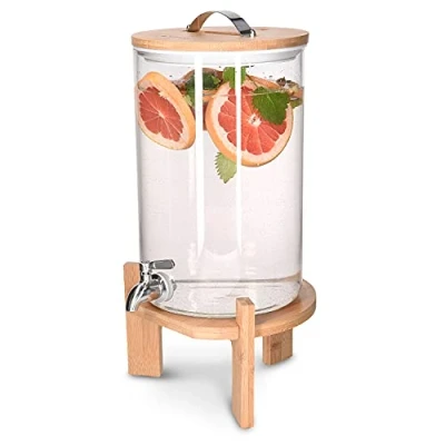 Image of Navaris Glass Drinks Dispenser with Tap 7 Litre Drink Jar Spigot, Lid and Beechwood Stand for Hot or Cold Beverages, Ice Water Parties
