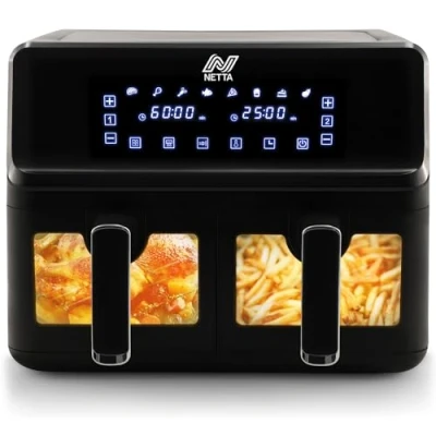 Image of NETTA 8L Dual Basket Low Energy Air Fryer with Digital Smart Programmes 2 Large Drawers, 8 Pre Set Functions, 60 Minute Timer, XL Family Size Drawer Black