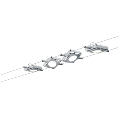 Image of Paulmann 941.07 MacLED Wire System Spot Lights Tension Lighting Set w/ 4 Square Lights, 10m Cable &amp; Transformer Indoor for Ceiling or Wall max 16W 2700K Chrome [Energy Class A+]