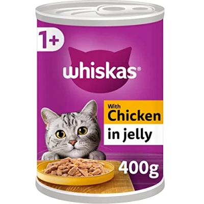 Image of Whiskas 1+ Chicken in Jelly Pack of 12 x 400 g Cans, Adult Cat Wet Food