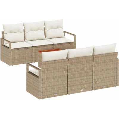Image of vidaXL 7 Piece Garden Sofa Set with Cushions Beige Poly Rattan Acacia