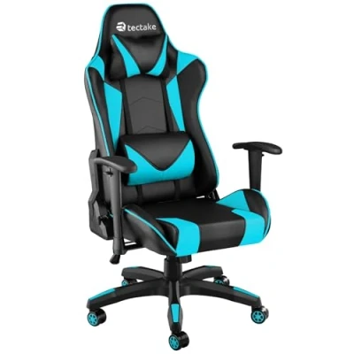 Image of tectake® Ergonomic Gaming Chair with Thick Padding, Adjustable Armrests &amp; 360 Swivel Function, Height Desk Headrest Lumbar Cushion, Ideal Computer Office Black/Azure