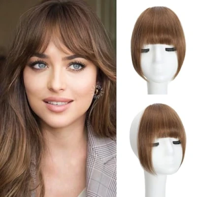Image of Clip in Bangs 100% Real Human Hair French On Hairpiece Air Fringe With Temple Wispy for women (Light brown, Bangs)