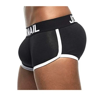 Image of JOCKMAIL Mens Boxers with Butt Pad Underwear Athletic Cycling Boxer Short Cotton Hip Up Bulge Front and Back Push Cup (L, Black)