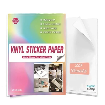 Image of Waterproof Printable Vinyl Stickers Paper for Inkjet Printer 20 Glossy Sticker White Decal Cricut Sheets A4 Holds Ink Beautifully &amp; Dries Quickly