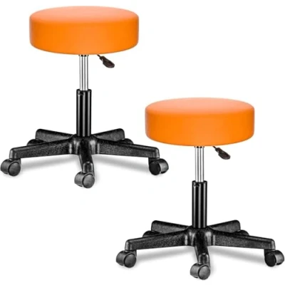 Image of CASARIA 2x 35cm Orange Rolling Stool with Wheels Height Adjustable 360 Rotatable Padded Swivel Chair Double Castors Roll Comfortable Upholstered Seating Office Workshop Salon