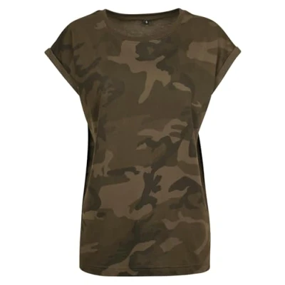 Image of Build Your Brand Women&#039;s By112 ladies Extended Shoulder Tee T Shirt, Dark camo, S