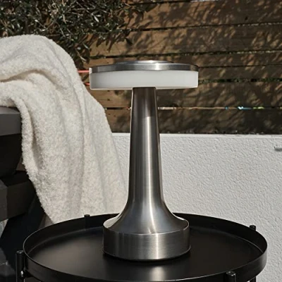 Image of MiniSun Contemporary Petite Wireless Portable Satin Nickel Dumbbell Touch Table Lamp with an Integrated Rechargeable LED Mood Light Indoor/Outdoor Garden Use