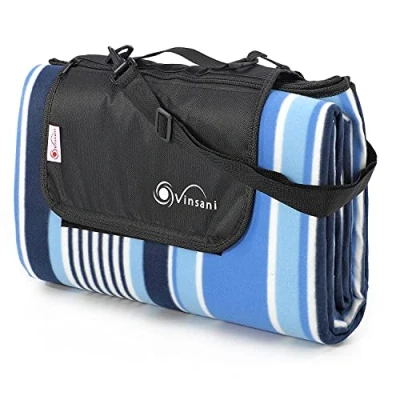 Image of Vinsani 200 x 200cm Folding Picnic Blanket Waterproof &amp; Sandproof Backing Ideal for Camping Outdoor Blue Stripe Rug Mat with Carry Handle