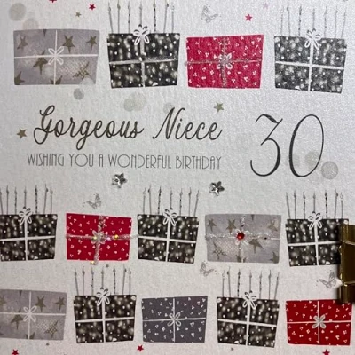 Image of white cotton cards Red Present, Wishing you a Wonderful Gorgeous Niece Handmade 30th Birthday Card, White, bdp30 n