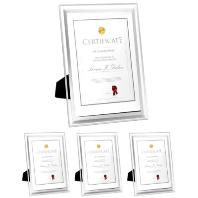 Image of QWORK® 4 Pack A4 Glass Photo Frame Certificate Freestanding or Wall Mounting for Displaying Family Photos Pictures Certificates and more (Silver)