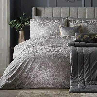 Image of Laurence Llewelyn Bowen Silver Embossed Damask Duvet Cover King Bedding Size (230 x 220cm) 2 Pillowcases Velvet Luxury Set Jacquard in