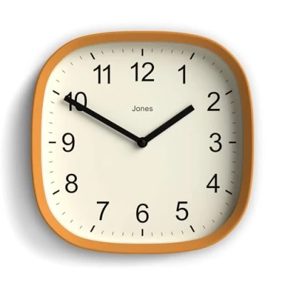 Image of Jones Clocks Square Retro Wall Clock in Acrylic, The &#039;Sprite&#039; Mustard Yellow, 25 x 5cm