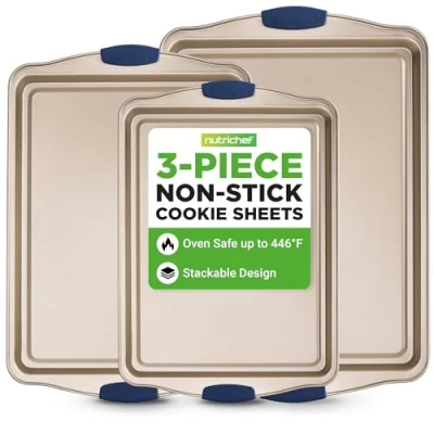 Image of Kitchen Oven Baking Pans Deluxe Nonstick Gold Coating Inside &amp; Outside Carbon Steel Bakeware Set with Blue Silicone Handles, Durable Reliable Cookie Sheet Pan Style