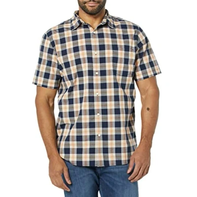 Image of Amazon Essentials Men&#039;s Slim Fit Short Sleeve Poplin Shirt, Navy Gold Plaid, XXL