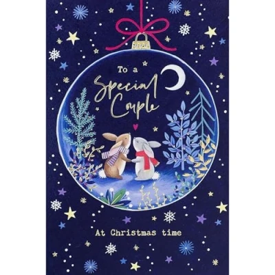 Image of Paperlink Special Couple Christmas Card Woodland Rabbits in Bauble with Foil Details Eco Friendly and Recyclable
