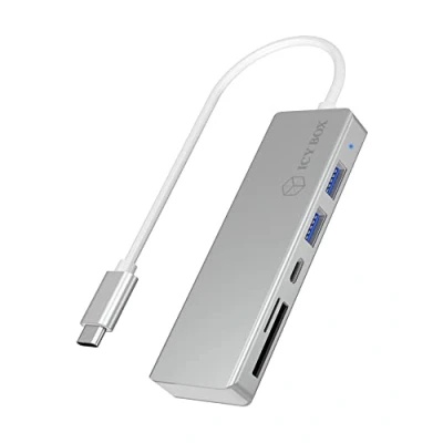 Image of ICY BOX 60369 3 Way USB C Hub and Card Reader for SD microSD, 3x 3.0, Port, Aluminium, Integrated Cable, Silver/White
