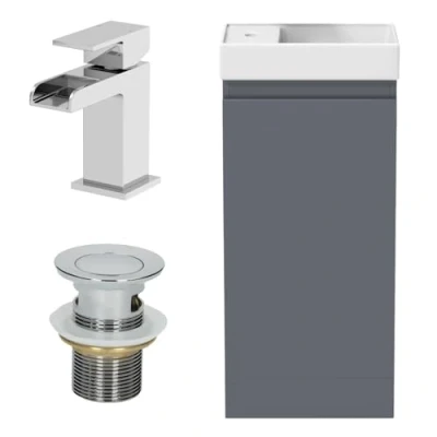 Image of Artis® 400mm Bathroom Vanity Unit Ceramic Wash Sink Floorstanding Storage Cabinet Reversible Soft Close Cupboard &amp; Chrome Waterfall Basin Mixer Tap Waste Set, Grey Gloss