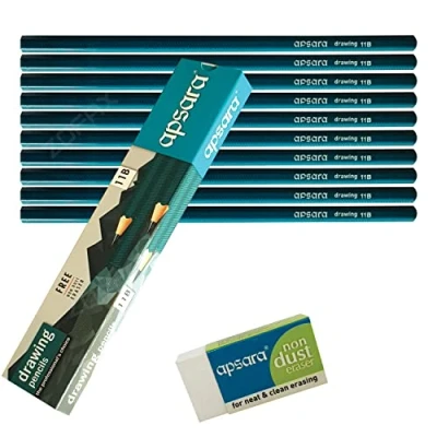 Image of Sketching Pencils, 11B Graded, Pack of 10, Graphite Lead, Professional Artists Drawing Pencils Eraser Pack, Sketch Draw Shade Write, iZOFAX Black Ball Pen