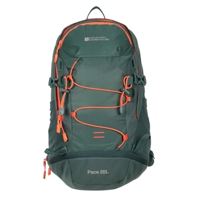 Image of Mountain Warehouse Pace 20L Rucksack Hydration Compatible Backpack, Airflow Back System Rucksack, Packaway Rain Cover Bag for Travelling, Hiking, Camping Dark Green