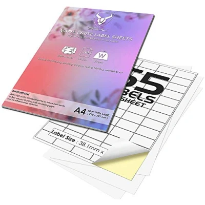 Image of 65 Per Page/Sheet, 50 Sheets (3250 Sticky Label), iSOUL White Blank Matt Self Adhesive A4 Address Shipping Labels Stickers, Laser Inkjet Compatible L7651/J8651 Printer Paper, 38.1 X 21.2 mm JAM Free